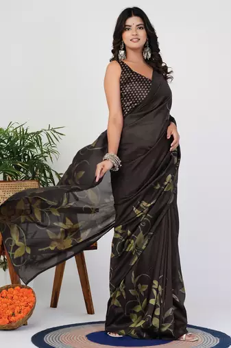 Women's brown floral print silk blend saree with unstitched piece