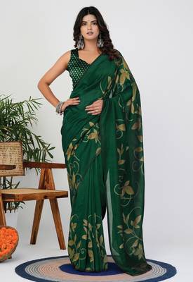 Women's green floral print silk blend saree with unstitched piece 1