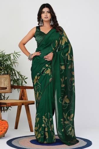 Women's green floral print silk blend saree with unstitched piece