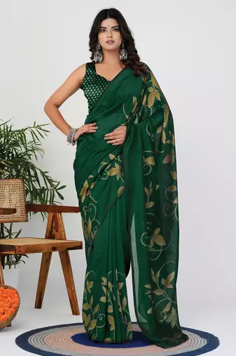 Women's green floral print silk blend saree with unstitched piece