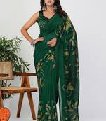 Women's green floral print silk blend saree with unstitched piece