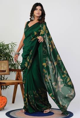 Women's green floral print silk blend saree with unstitched piece 2