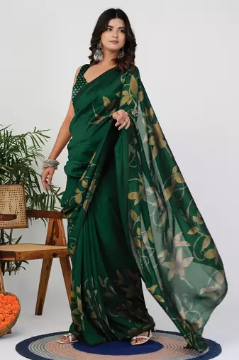 Women's green floral print silk blend saree with unstitched piece