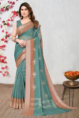 Women's teal ombre cotton blend saree with unstitched piece 1