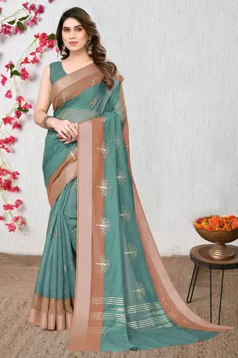 Women's teal ombre cotton blend saree with unstitched piece
