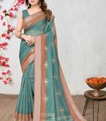 Women's teal ombre cotton blend saree with unstitched piece