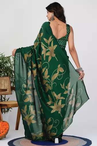 Women's green floral print silk blend saree with unstitched piece