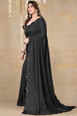 Women's black plain silk blend saree with unstitched piece 4