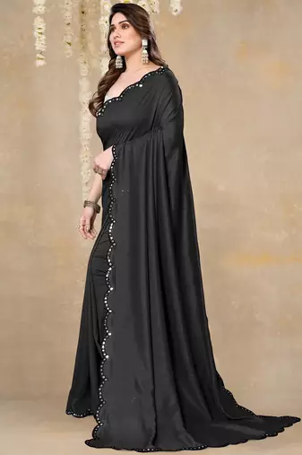 Women's black plain silk blend saree with unstitched piece