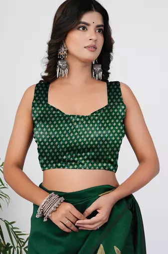Women's green floral print silk blend saree with unstitched piece