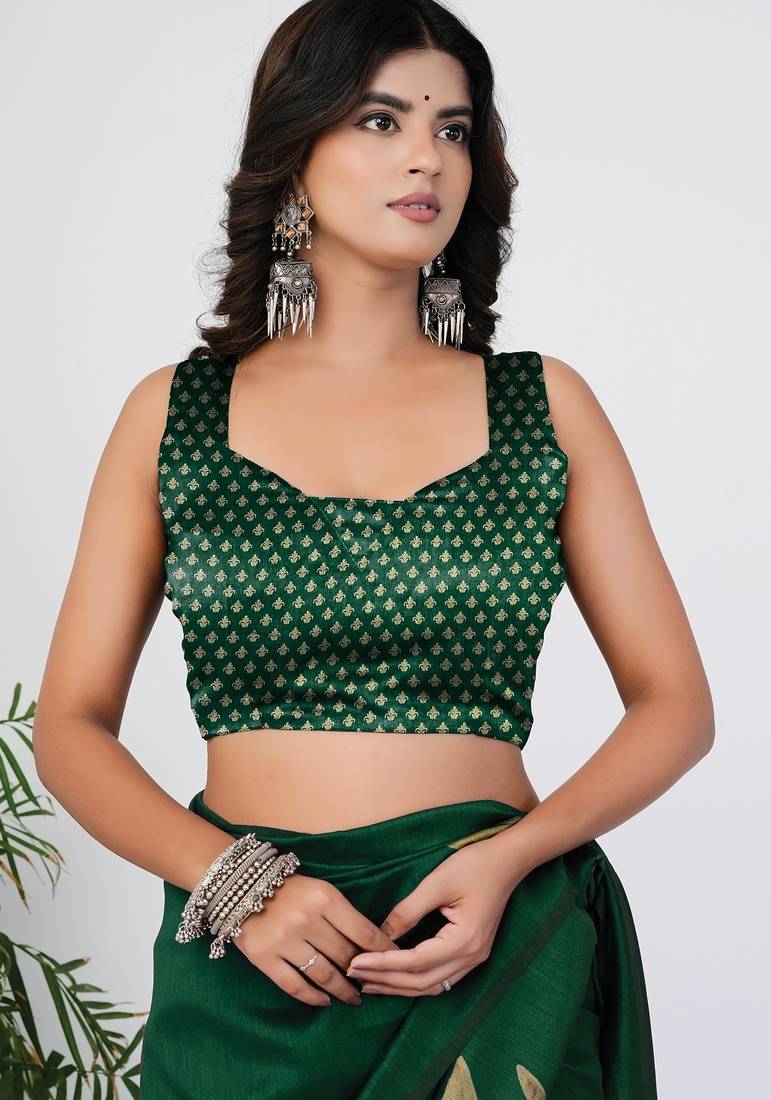 Women's green floral print silk blend saree with unstitched piece