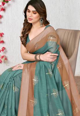 Women's teal ombre cotton blend saree with unstitched piece 3
