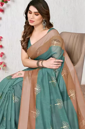 Women's teal ombre cotton blend saree with unstitched piece