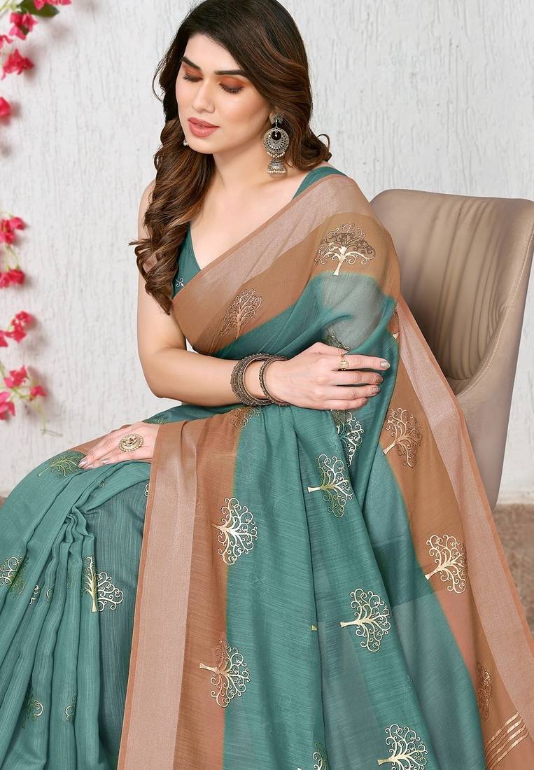 Women's teal ombre cotton blend saree with unstitched piece