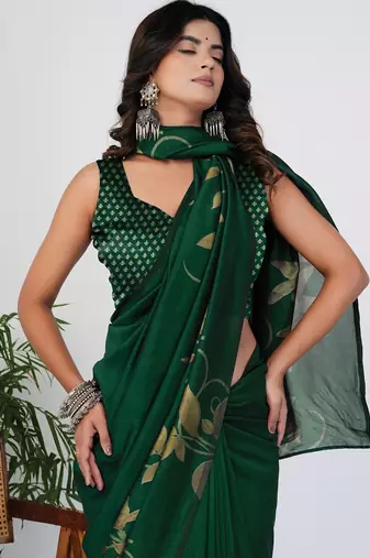 Women's green floral print silk blend saree with unstitched piece