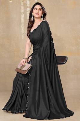 Women's black plain silk blend saree with unstitched piece 5