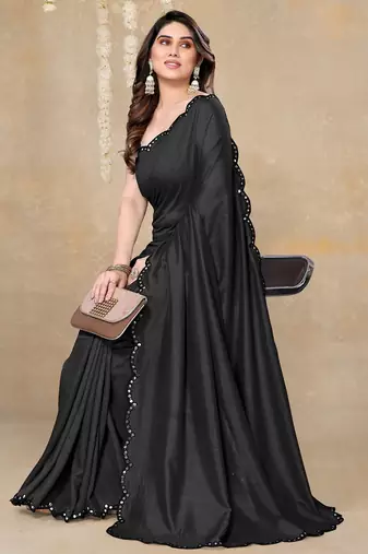 Women's black plain silk blend saree with unstitched piece