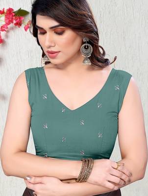 Women's teal ombre cotton blend saree with unstitched piece 4