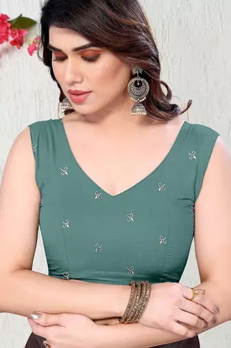 Women's teal ombre cotton blend saree with unstitched piece
