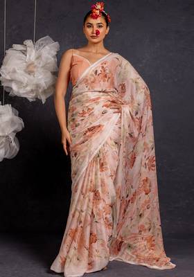 Women's peach floral print chiffon saree with unstitched piece 1