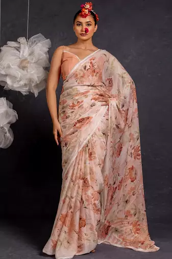 Women's peach floral print chiffon saree with unstitched piece
