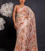 Women's peach floral print chiffon saree with unstitched piece