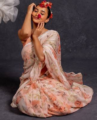 Women's peach floral print chiffon saree with unstitched piece 2