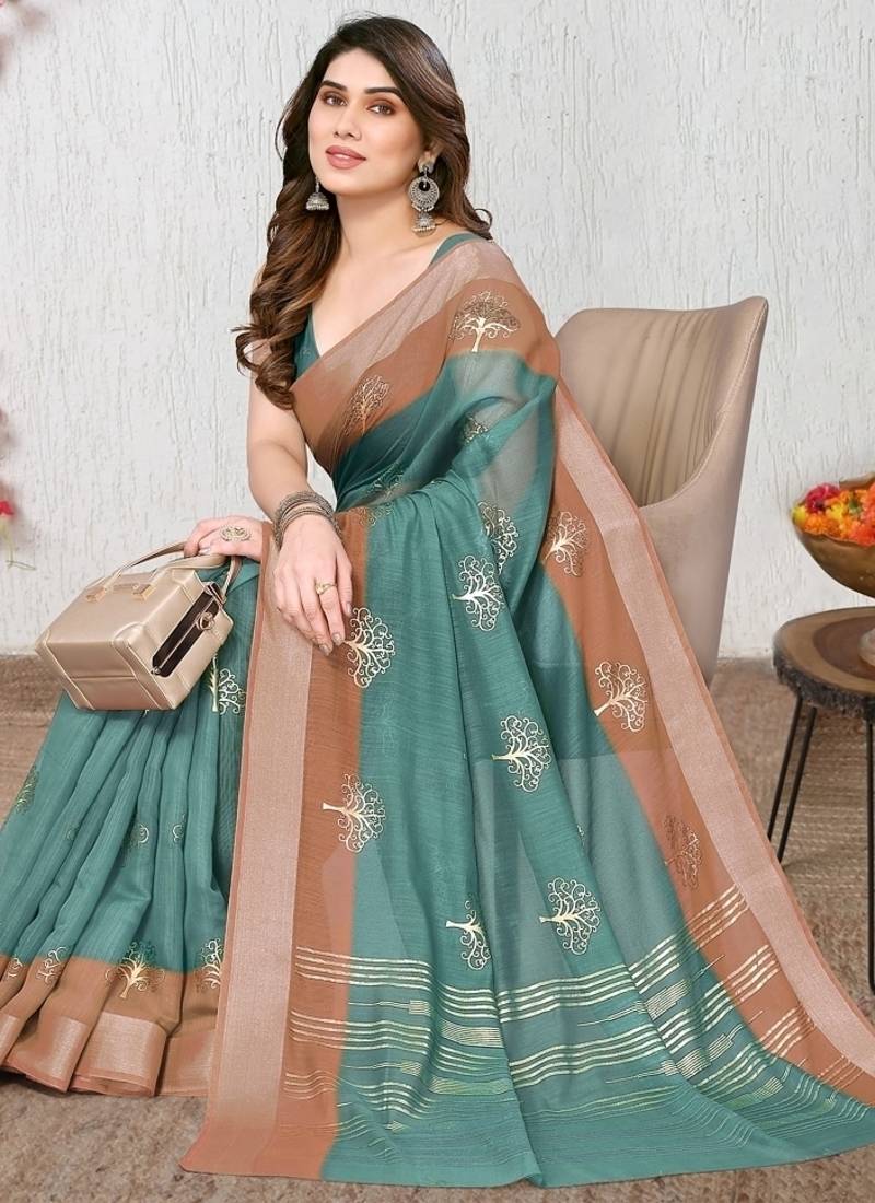 Women's teal ombre cotton blend saree with unstitched piece