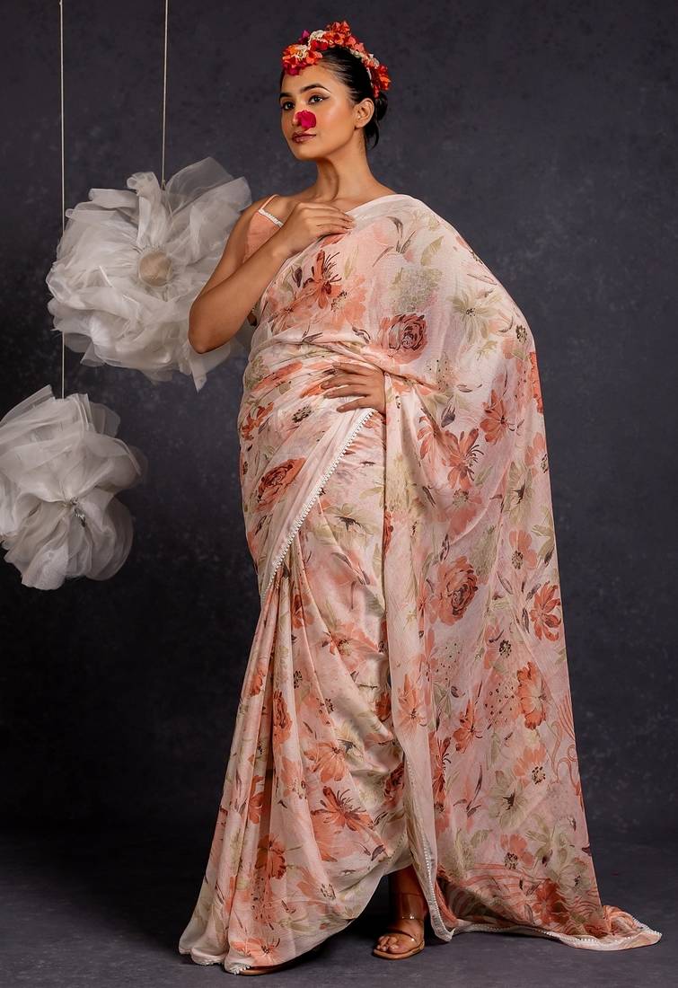 Women's peach floral print chiffon saree with unstitched piece