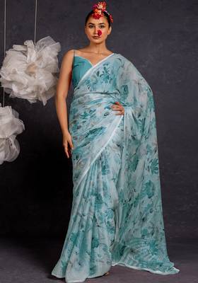 Women's blue floral print chiffon saree with unstitched piece 1