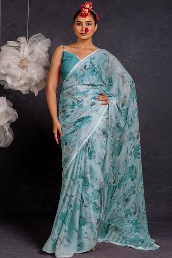 Women's blue floral print chiffon saree with unstitched piece