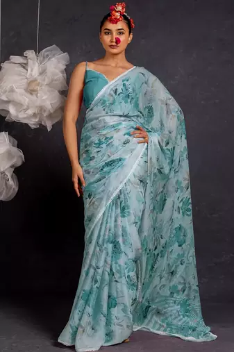 Women's blue floral print chiffon saree with unstitched piece