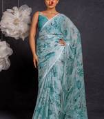 Women's blue floral print chiffon saree with unstitched piece