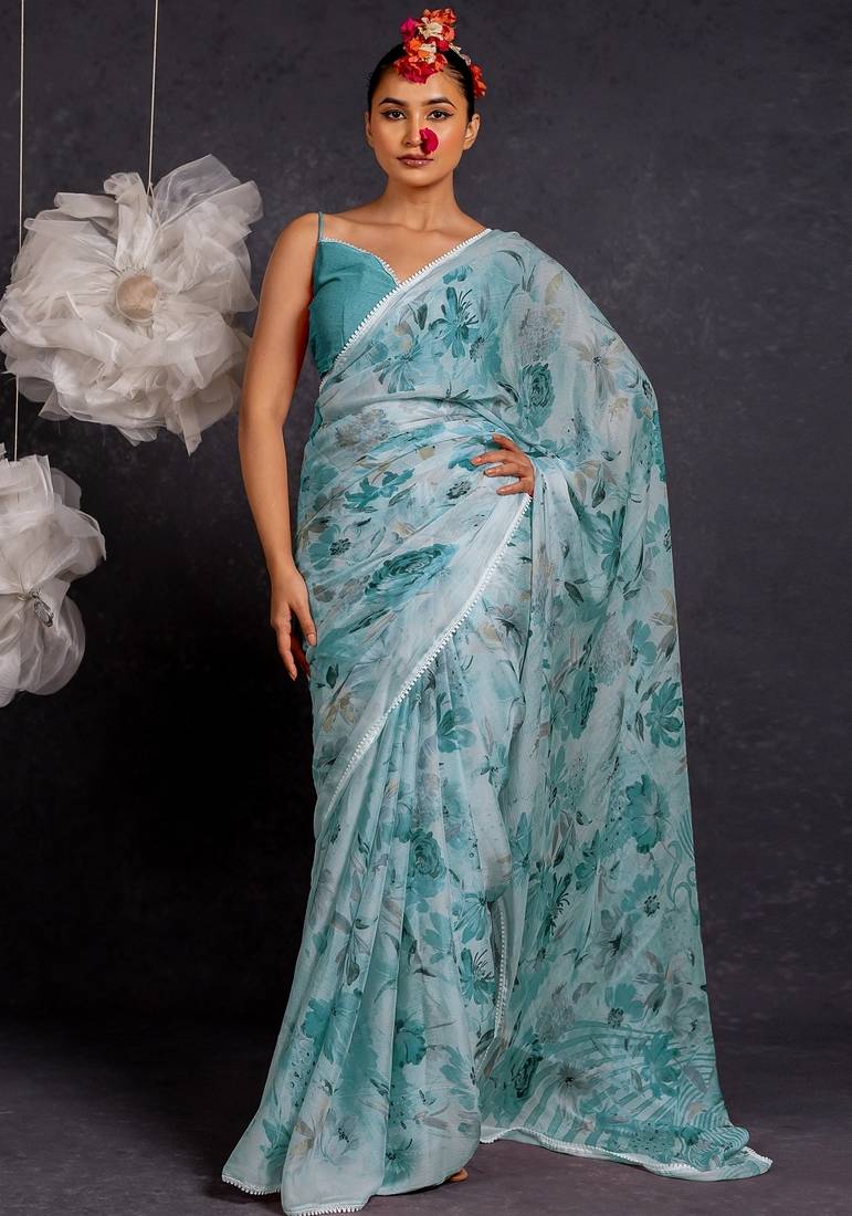 Women's blue floral print chiffon saree with unstitched piece
