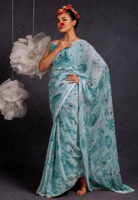 Women's blue floral print chiffon saree with unstitched piece 3