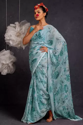 Women's blue floral print chiffon saree with unstitched piece
