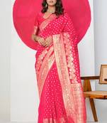 Women's pink golden zari  block print silk blend saree with unstitched piece