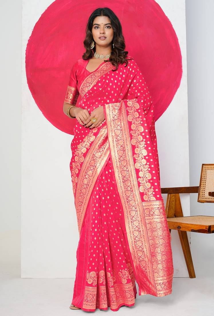 Women's pink golden zari  block print silk blend saree with unstitched piece