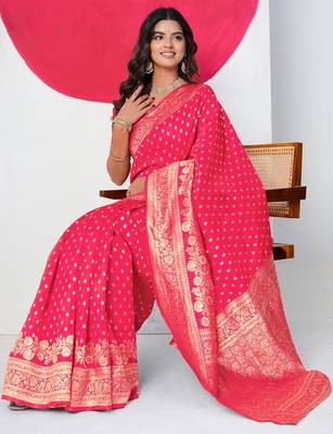 Women's pink golden zari  block print silk blend saree with unstitched piece 2