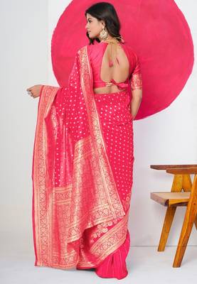 Women's pink golden zari  block print silk blend saree with unstitched piece 3
