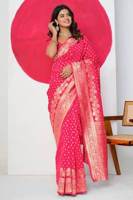 Women's pink golden zari  block print silk blend saree with unstitched piece 5