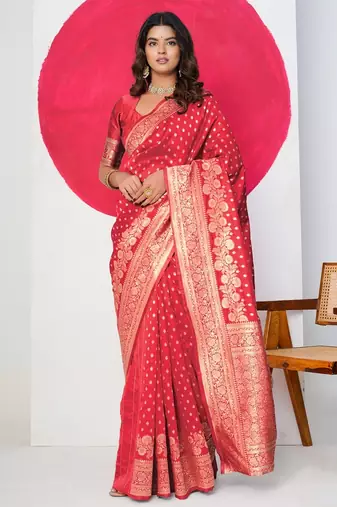 Women's red golden zari  block print silk blend saree with unstitched piece