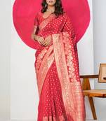 Women's red golden zari  block print silk blend saree with unstitched piece