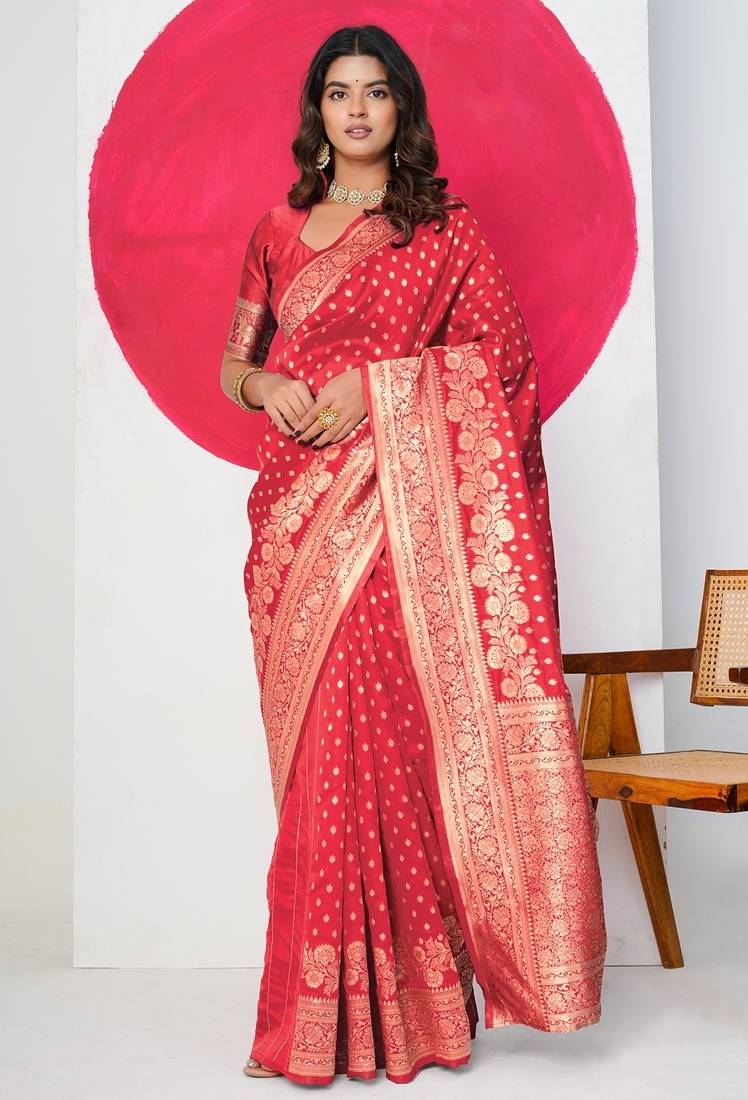 Women's red golden zari  block print silk blend saree with unstitched piece