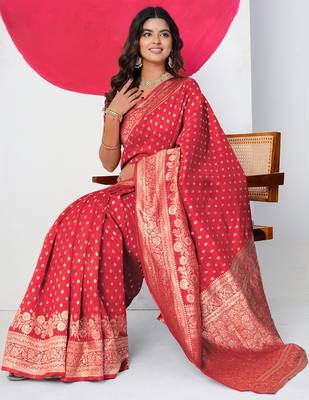 Women's red golden zari  block print silk blend saree with unstitched piece 2