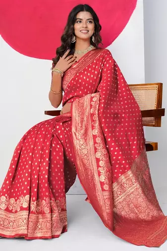 Women's red golden zari  block print silk blend saree with unstitched piece