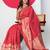 Women's red golden zari  block print silk blend saree with unstitched piece