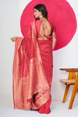 Women's red golden zari  block print silk blend saree with unstitched piece 5