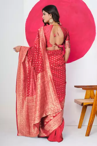 Women's red golden zari  block print silk blend saree with unstitched piece