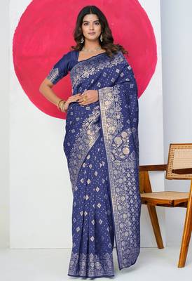 Women's blue zari woven design silk blend saree with unstitched piece 1
